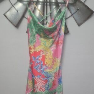 Sleeveless Cowl Neck Printed Satin Dress Pink Multicolor